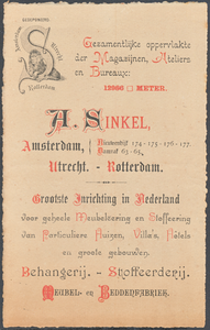 712055 Reclamekaart uitgegeven door alle drie de vestigingen van A. Sinkel, Grootste Inrichting in Nederland voor ...